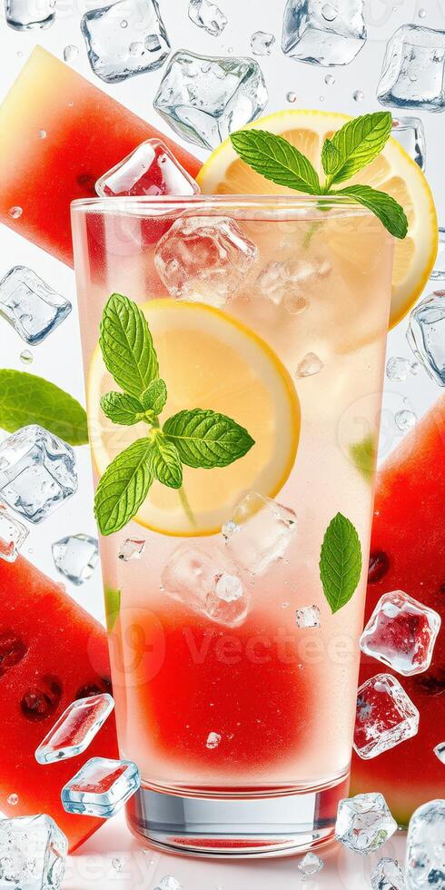 Refreshing watermelon lemonade with mint and ice on a bright background photo