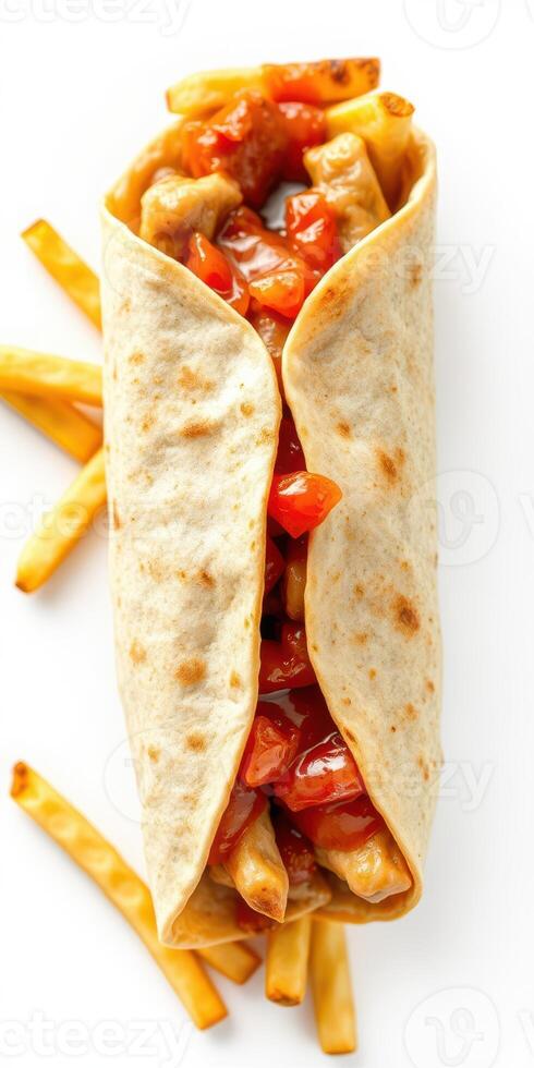 Tasty wrap filled with grilled chicken, vegetables, and tangy sauce served with crispy fries on a white background photo