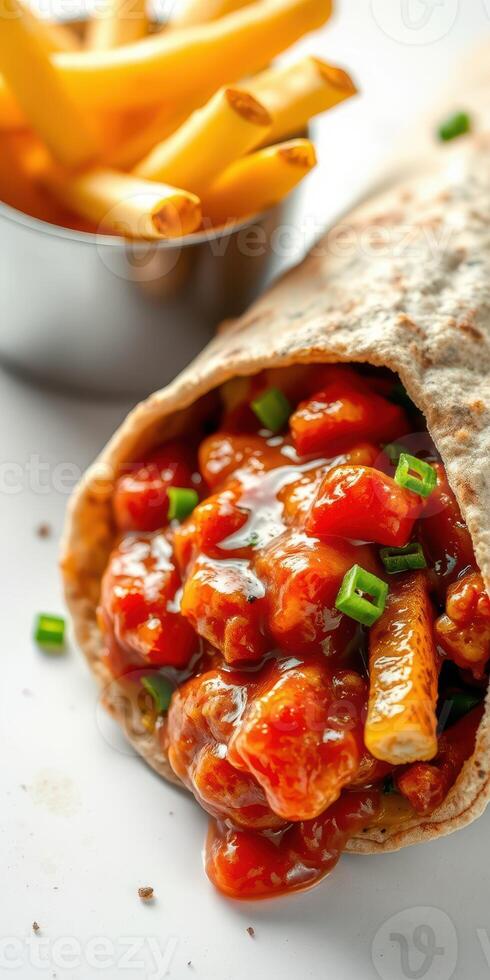 Delicious wrap filled with savory chicken and crispy fries served in a modern eatery environment photo