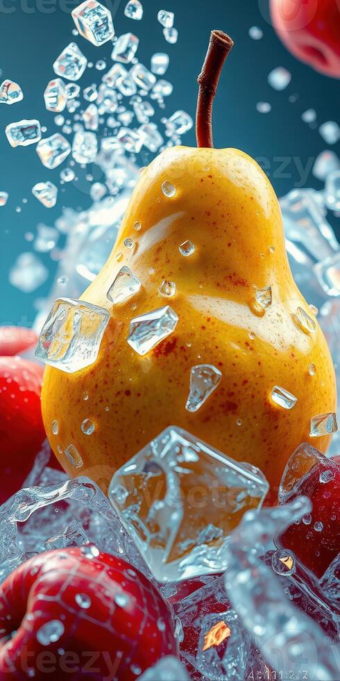 Fresh yellow pear surrounded by red raspberries and ice cubes glistening under cool blue light photo