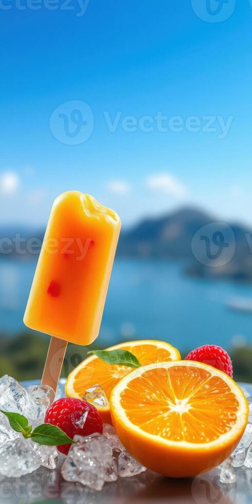 Refreshing orange popsicle on a stick with fresh fruits and a scenic background by the water photo