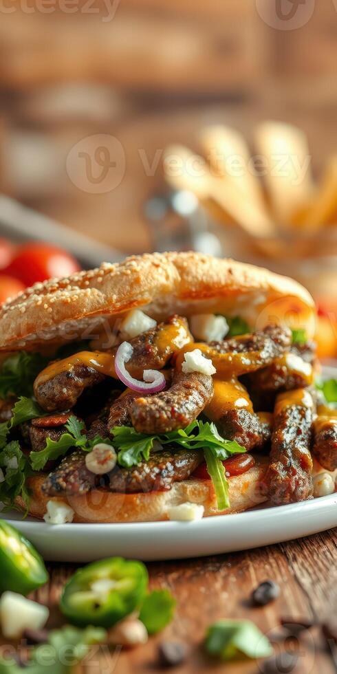 Mouthwatering sandwich filled with grilled meat, fresh lettuce, and flavorful sauces served on a wooden table photo