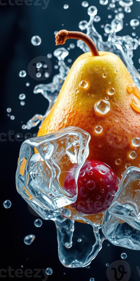 Pear and cherry splashing through ice cubes with droplets on a dark background photo