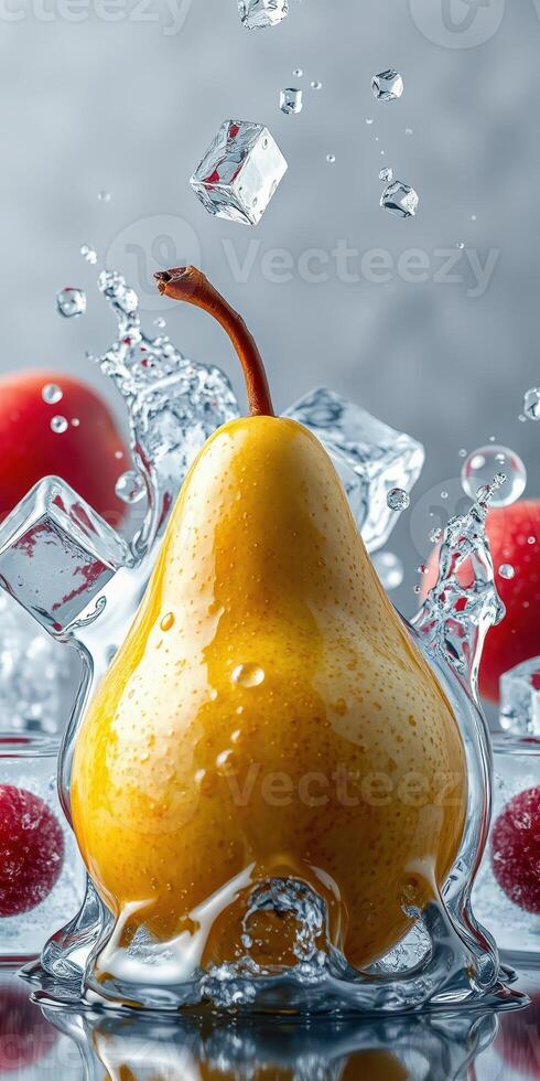 Fresh pear surrounded by ice cubes and red berries creating a refreshing display in a bright setting photo