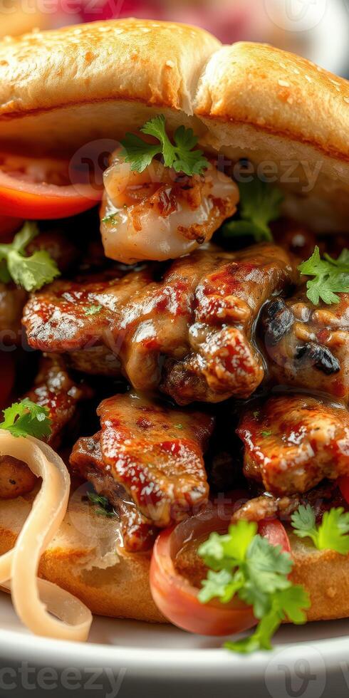 Delicious sandwich filled with tender meat, fresh vegetables, and flavorful sauce prepared in a cozy setting photo