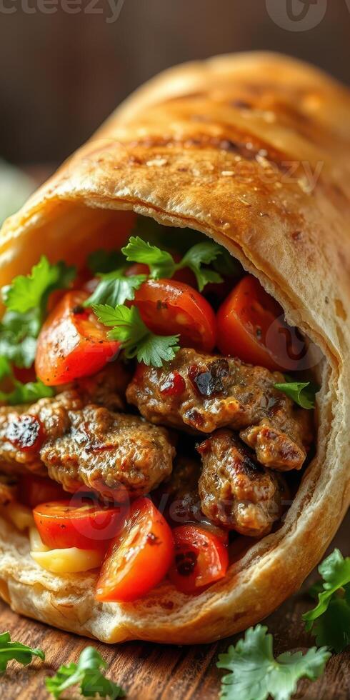 Delicious wrapped flatbread filled with savory meat, fresh tomatoes, and herbs in a cozy setting photo
