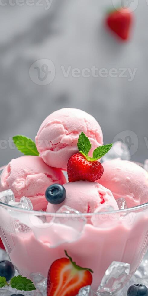 Delicious strawberry ice cream served in a glass bowl with fresh berries and mint leaves on a bright summer day photo