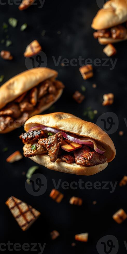 Delicious grilled meat sandwiches served on a dark background with crispy toppings and a rich texture photo