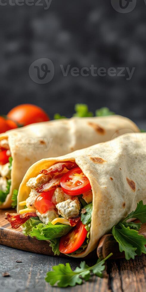 Freshly prepared tortillas filled with grilled chicken, vegetables, and sauces on a wooden board photo