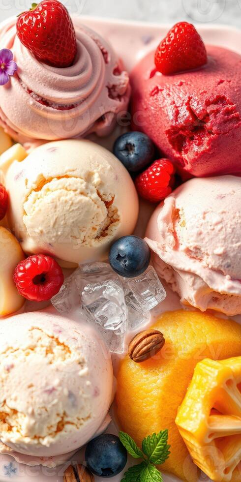 Delicious variety of ice cream scoops with fresh berries and toppings arranged appealingly on a platter photo