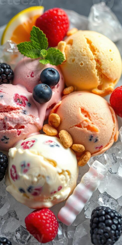 Colorful variety of artisanal ice cream served on crushed ice with fresh berries in a summer setting photo