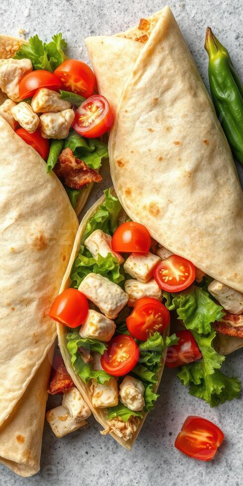 Fresh vegetable wraps with grilled chicken, cherry tomatoes, and greens ready for a healthy meal photo