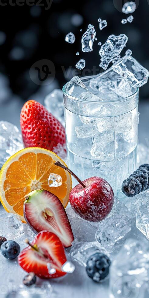 Refreshing fruit and ice beverage with vibrant berries and citrus on a cool, elegant surface photo