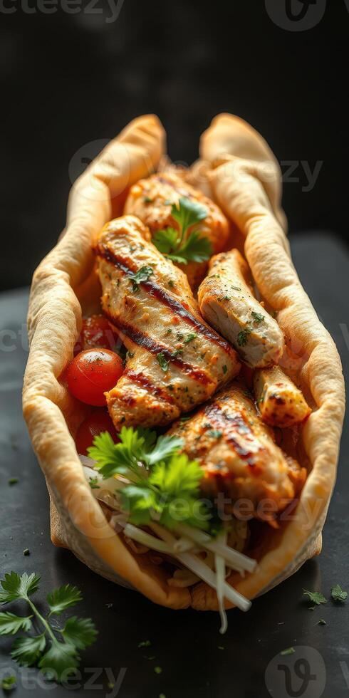 Grilled chicken served in a warm flatbread with fresh vegetables and herbs photo