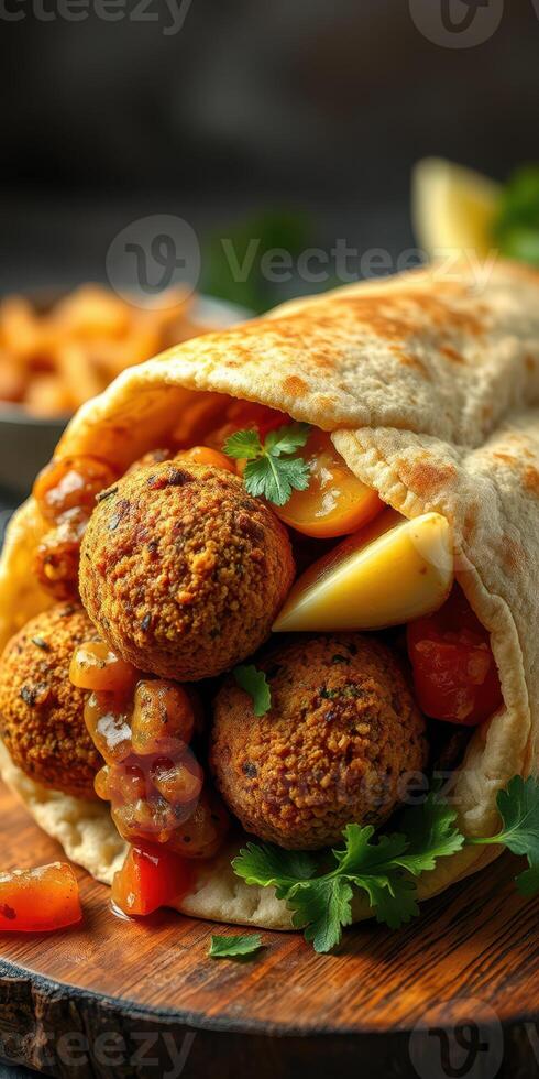 Delicious falafel wrap filled with fresh vegetables and tahini sauce served on a rustic wooden table photo