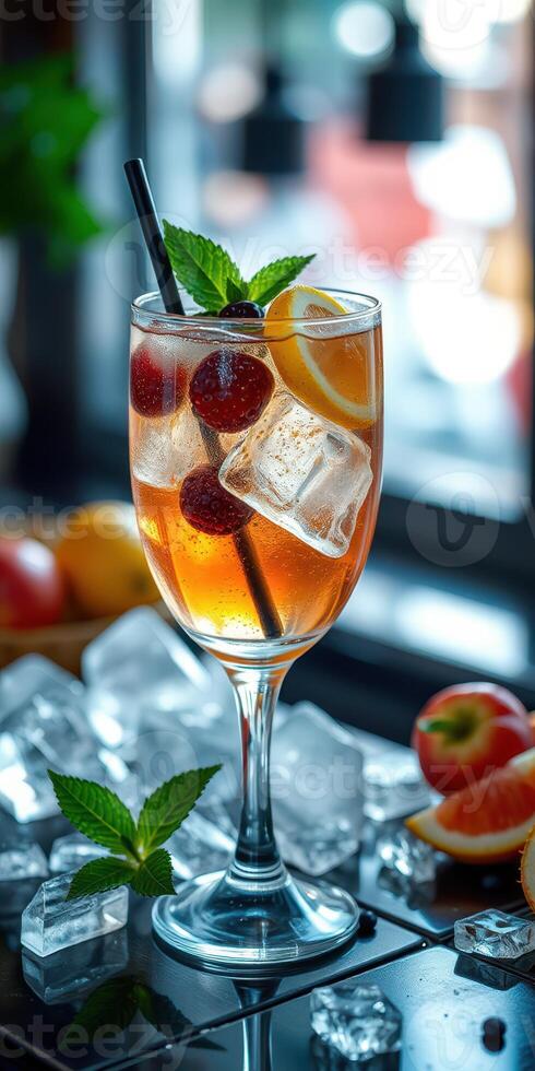 Refreshing summer beverage served in a glass with fruit and ice in a cozy indoor setting photo