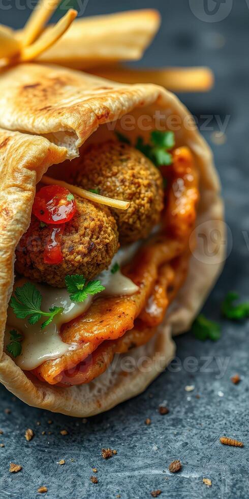 Savory wrap filled with falafel, roasted vegetables, and creamy sauce on a dark textured surface photo