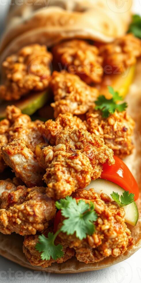 Crispy chicken wrap filled with fresh vegetables and herbs at a casual dining location photo