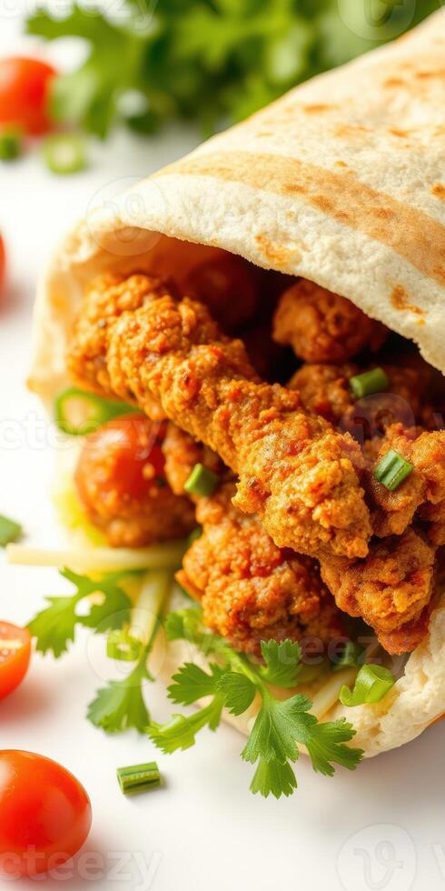 Crispy chicken wrapped in flatbread with fresh vegetables and herbs at a casual dining setting photo