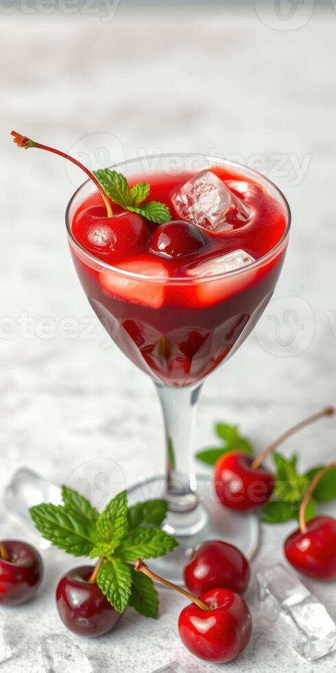 Refreshing cherry cocktail with mint garnish served in a stylish glass on a marble surface photo