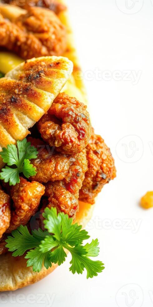 Delicious spicy fried chicken nestled in soft bread with fresh herbs and vibrant colors photo