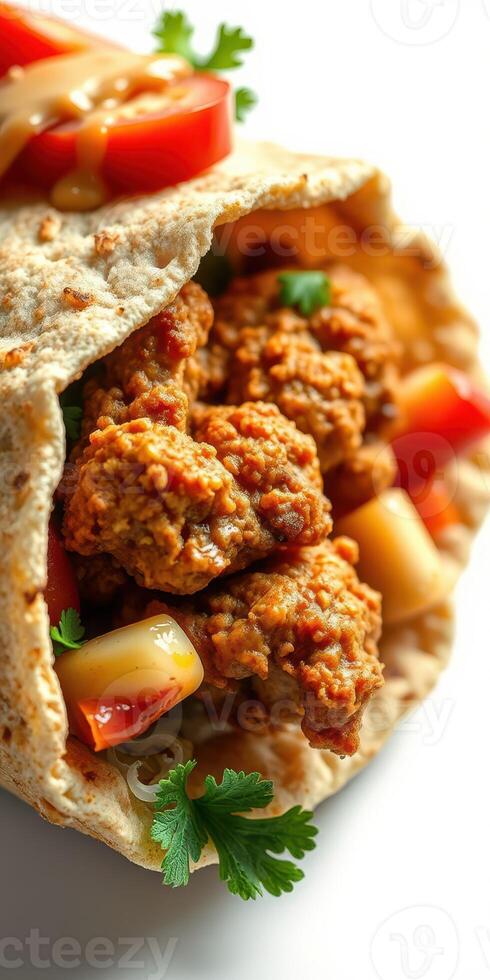 Delicious chicken wrap filled with fresh vegetables and flavorful sauce served on a white background photo