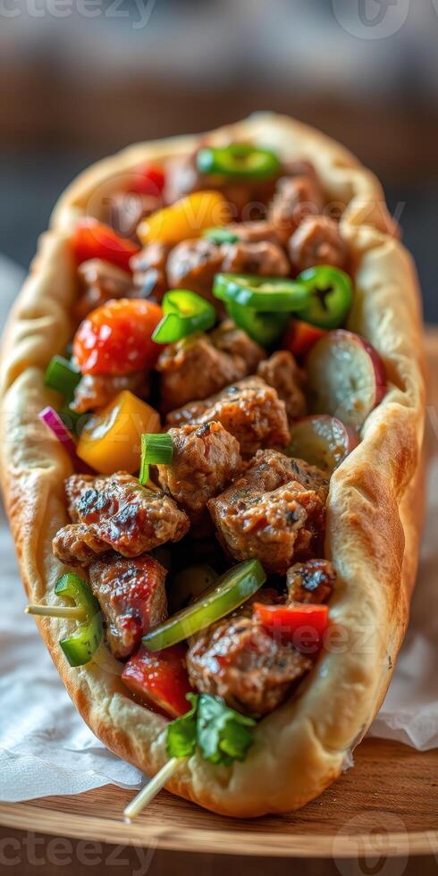 Flavorful meat wrap filled with fresh vegetables and vibrant colors served on a wooden plate photo