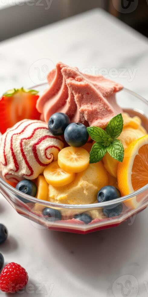 Colorful dessert bowl filled with assorted ice cream, fresh fruit, and mint leaves on a marble table photo