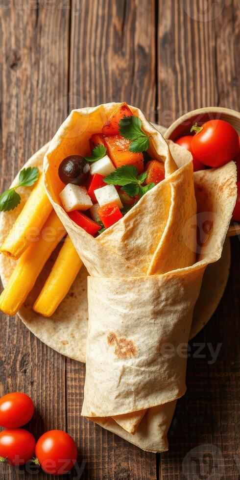 Delicious wrap filled with fresh vegetables and served with crispy fries on a wooden table photo