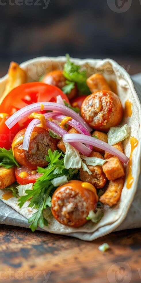 Delicious sausage wrap with fresh vegetables and sauce prepared in a cozy kitchen setting photo