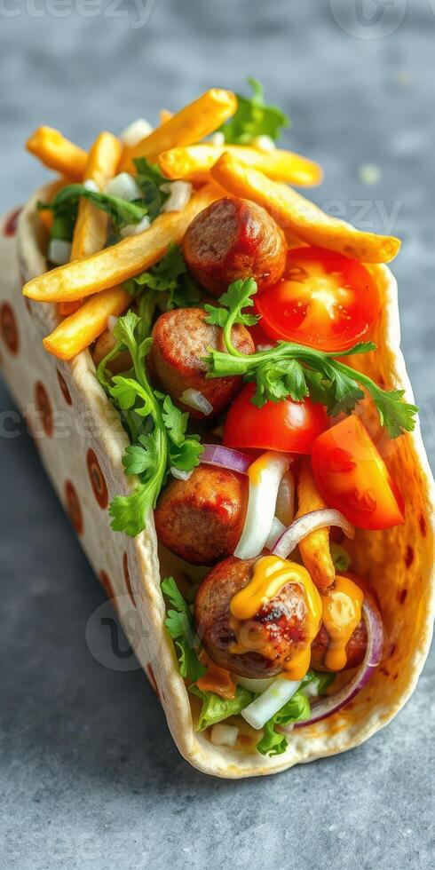 Delicious wrap filled with meatballs, fresh vegetables, and golden fries served on a gray surface photo