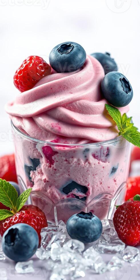 Delicious frozen yogurt with mixed berries served in a glass, perfect for refreshing summer days photo