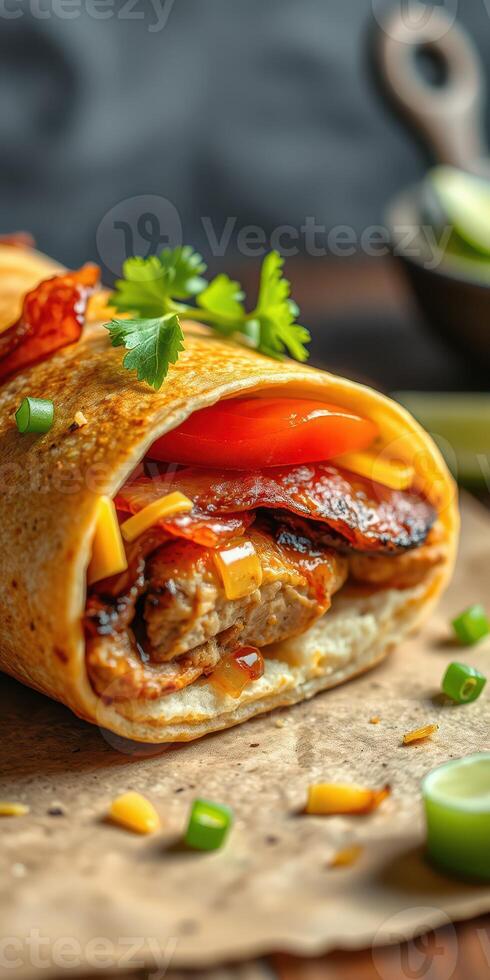 Deliciously wrapped burrito filled with grilled meat, cheese, and fresh vegetables on a rustic surface photo