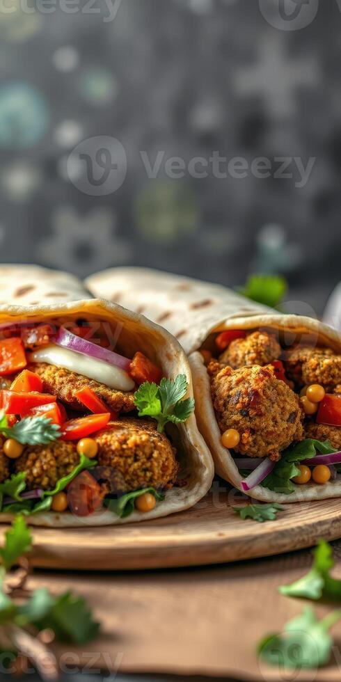 Two delicious wraps filled with falafel, fresh vegetables, and herbs served on a wooden platter in a cozy setting photo