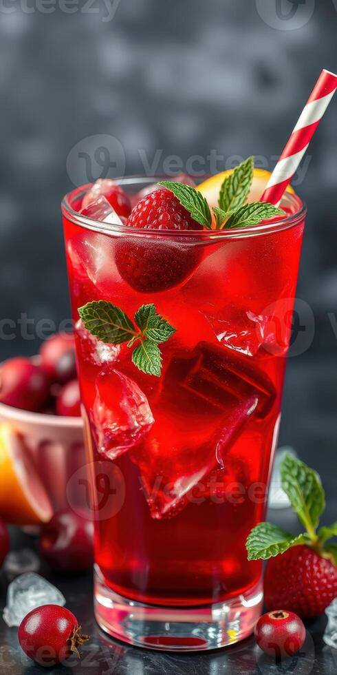 Refreshing summer drink with red fruits served in a tall glass at a vibrant party setting photo