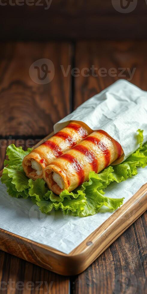 Delicious rolled wraps filled with savory ingredients served on crisp lettuce at a cozy restaurant photo