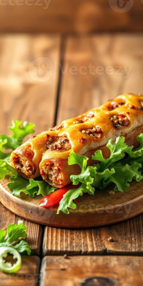 Savory meat-filled roll topped with melted cheese on a wooden platter with fresh greens photo