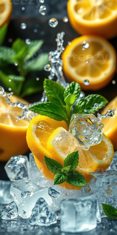Fresh lemon slices and mint leaves splashed with water on ice create a refreshing summer drink scene photo