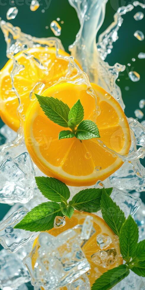 Fresh lemon slices splashing into ice water with mint leaves in a vibrant setting photo