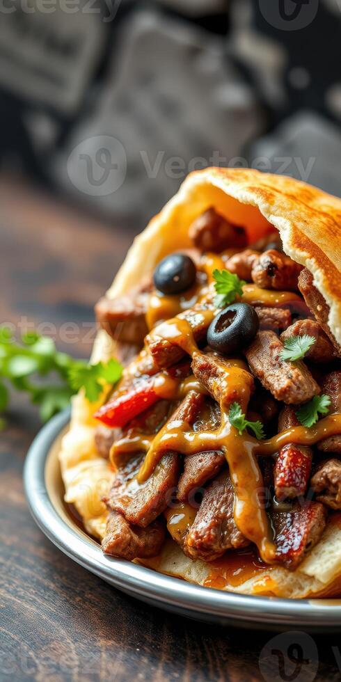 Deliciously prepared beef wrap with cheese sauce, olives, and fresh herbs on a wooden table photo