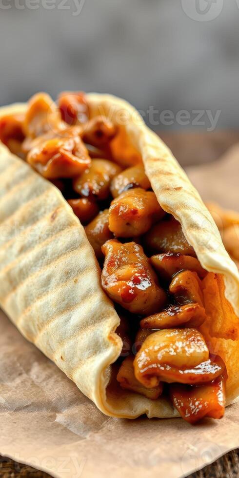 Delicious grilled chicken wrap filled with savory ingredients, served on a rustic wooden table photo