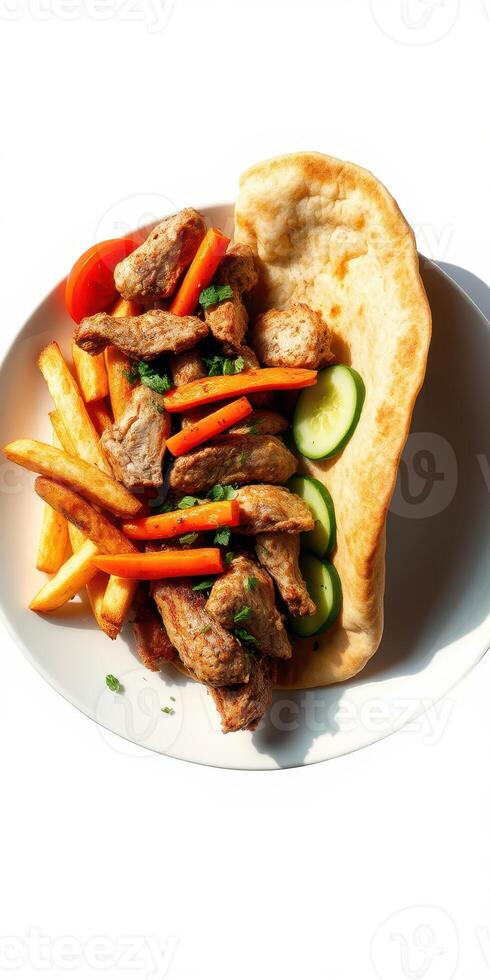 Delicious grilled chicken wrap with fresh vegetables and crispy fries served on a white plate photo