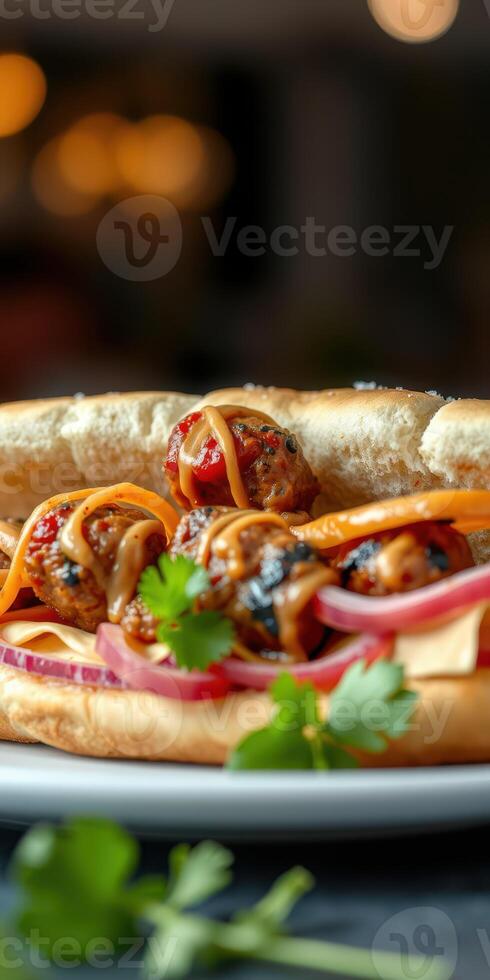 Delicious meatball sandwich with vibrant toppings and sauces served in a cozy setting photo