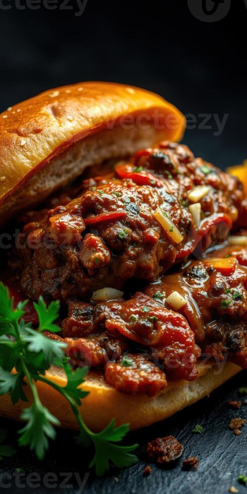Juicy savory sandwich filled with flavorful meat and vibrant vegetables on a rustic table photo
