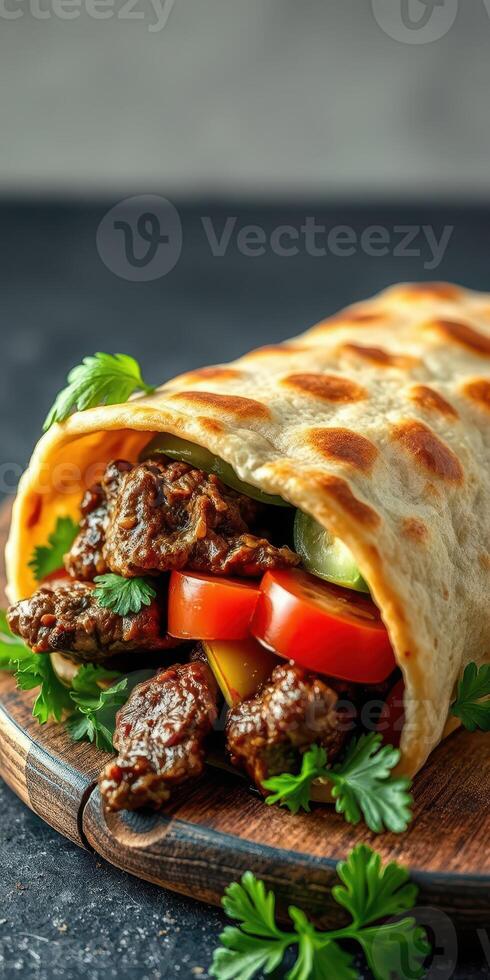 Delicious wrapped flatbread filled with seasoned beef, fresh vegetables, and herbs on a wooden board photo