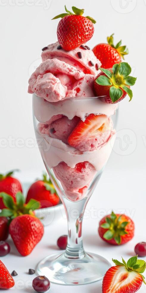 Indulge in a delicious strawberry ice cream dessert with fresh berries and chocolate chips on a sunny day photo