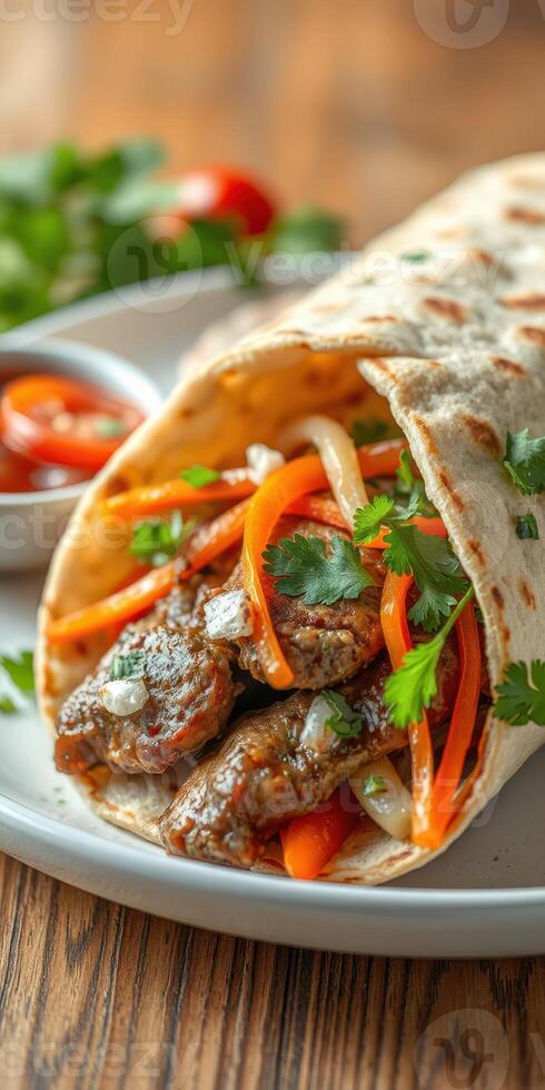 Delicious grilled meat wrap filled with vegetables and fresh herbs on a wooden table during lunchtime photo