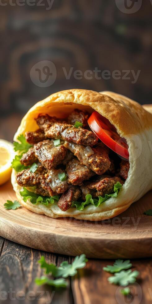 Savory grilled meat wrapped in warm flatbread with fresh vegetables and herbs served on wooden board photo