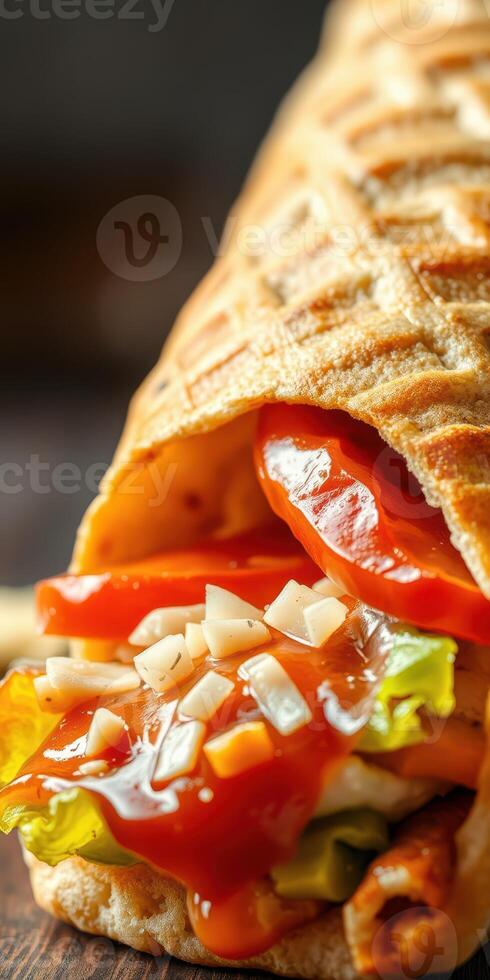 Freshly made sandwich overflowing with colorful vegetables and delicious sauces at a rustic diner photo