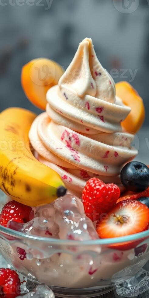 Delicious dessert bowl with creamy soft serve and fresh fruits at a summer gathering photo